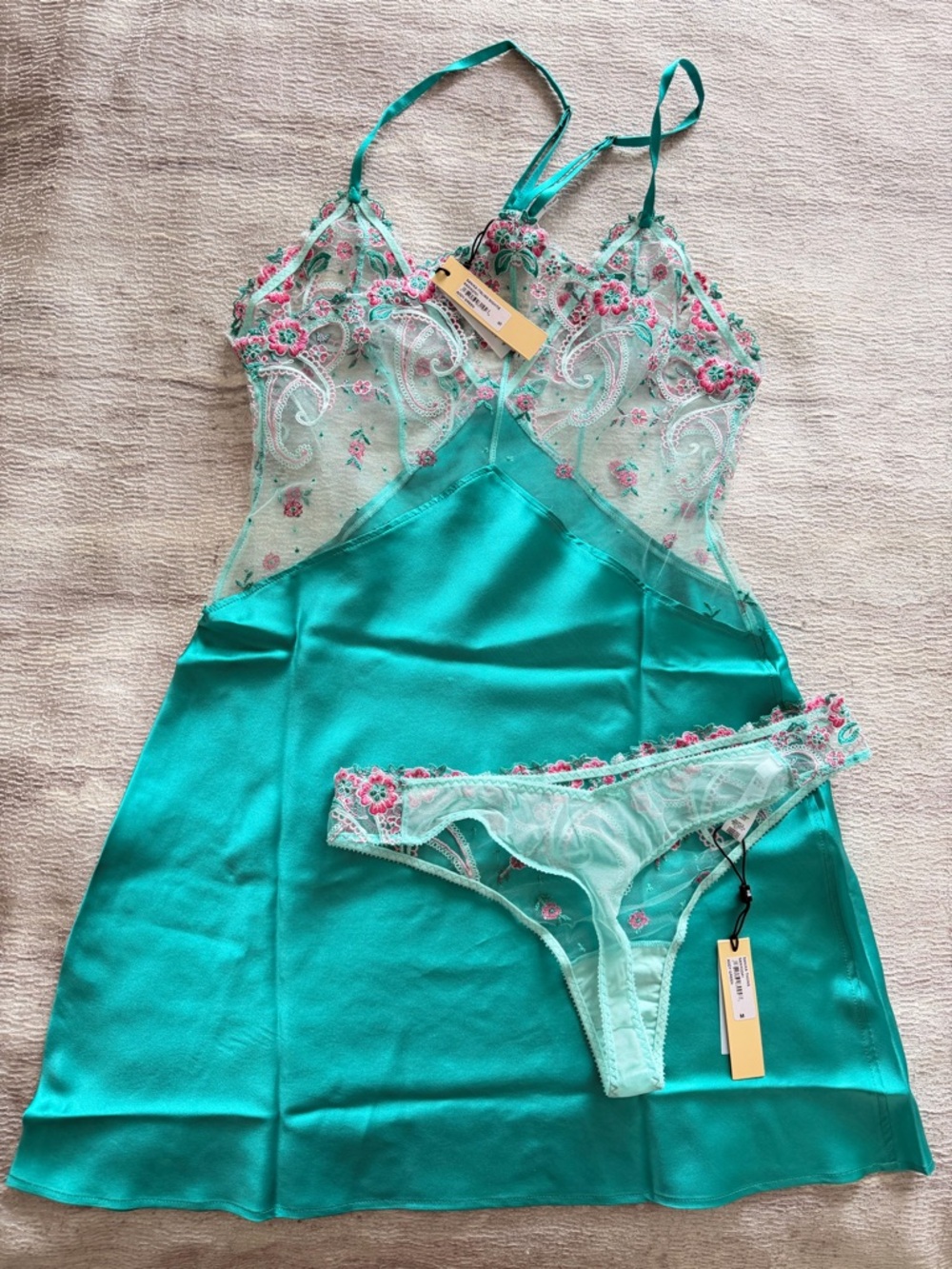 NWT! Cosabella Sanika Italian Turquoise Silk Chemise Size S with Panties Size M - Picture 6 of 16
